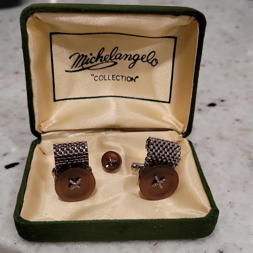 Vintage Michelangelo Silver and Brown Cufflinks & Tie Tack Set NIB